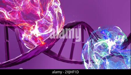 DNA strand with glowing particles and molecular structures, scientific image. Biotechnology, genetics, genome, science, research, biology Stock Photo