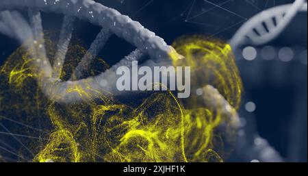 DNA strand with glowing yellow particles, scientific data processing image. Genetics, biotechnology, sequence, helix, molecular, bioinformatics Stock Photo