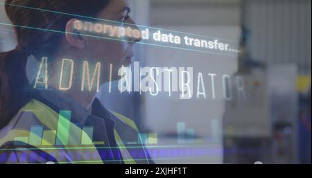 Encrypted data transfer image over businesswoman in industrial setting. Technology, cybersecurity, encryption, digital, security, information Stock Photo