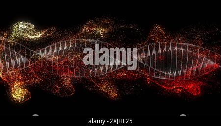 DNA double helix image over glowing particles on dark background. Genetics, science, biotechnology, molecular, research, laboratory Stock Photo