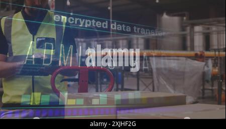 Encrypted data transfer image over worker using tablet in industrial warehouse. Technology, security, encryption, digital, industry, logistics Stock Photo