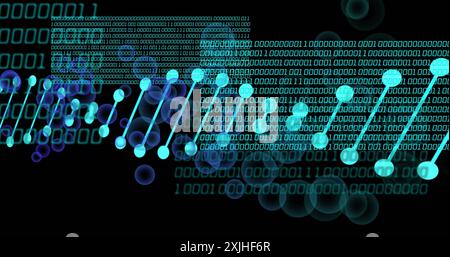 Image of dna strand with bubbles over data processing on black background Stock Photo
