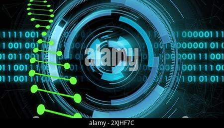 Image of dna strand over data processing and scope scanning on black background Stock Photo
