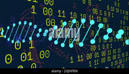 Image of dna strands over data processing and mathematical equations on black background. Global science, medicine, computing and digital interface co Stock Photo
