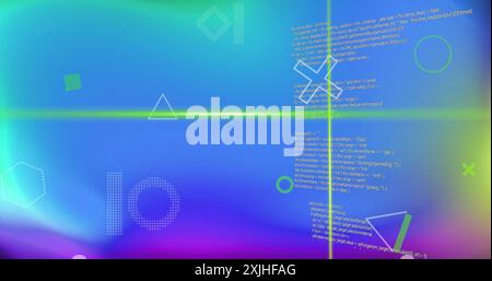 Image of white shapes and green scanner beams over data processing on blue and green background Stock Photo