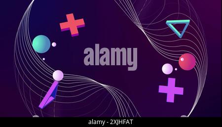 Image of 3d red, green, white and purple shapes over white network lines on dark background. Abstract, network, processing, data, connection and commu Stock Photo