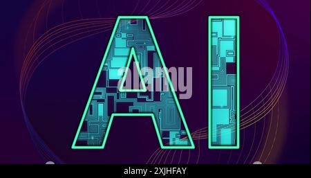 Image of processing motherboard in ai text and 3d network on dark background. Abstract, data, network, ai, processing, intelligence, digital interface Stock Photo