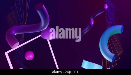 Image of 3d blue and purple shapes rotating over pink frame and network lines on dark background Stock Photo