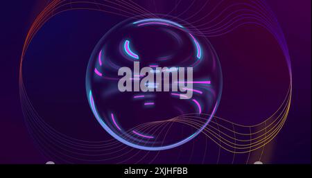 Image of network structure and blue and purple lights rotating in sphere on dark background Stock Photo