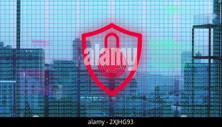 Image of data and flashing red and green padlock and shield icon over cityscape Stock Photo