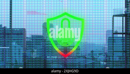 Image of data and flashing red and green padlock and shield icon over cityscape Stock Photo