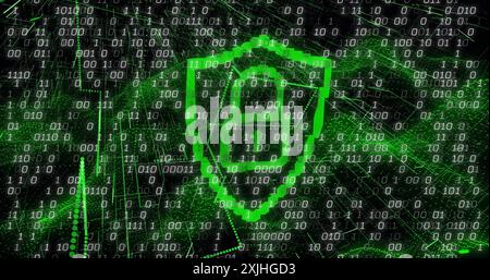 Image of data processing over shield with padlock icon on black background Stock Photo