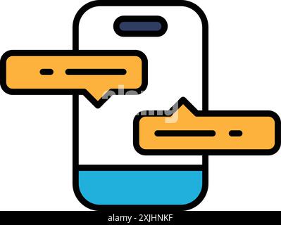 A cell phone with two orange text bubbles on it. The bubbles are in the middle of the phone and are connected to each other Stock Vector