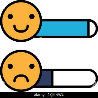 Two faces with one smiling and the other frowning. The frowning face is on the left and the smiling face is on the right Stock Vector