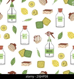 Eco-friendly cleaning products seamless pattern. Organic natural ecological cleaners and sponges. Flat vector illustration Stock Vector