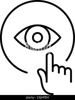 Finger clicking on eye symbol. Interaction and engagement with visual content. Pixel perfect, editable stroke vector icon Stock Vector