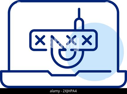 Laptop with a password and a fishing hook. Password theft attempt. Pixel perfect, editable stroke vector icon Stock Vector