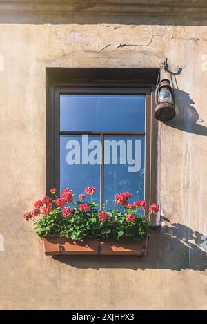 Old Window Decorated With Flower Pot Detail On A Yellow Cracked Wall And Old Oil Lamp Stock Photo