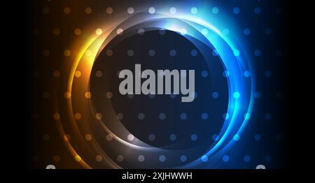 Blue and orange neon glowing glossy circles with dots abstract background. Vector futuristic design Stock Vector