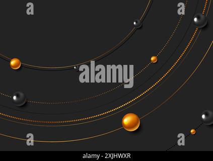 Black golden circular lines and glossy balls abstract retro background. Vector design Stock Vector