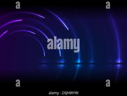 Blue and ultraviolet neon laser curved lines with reflection. Abstract technology retro background. Futuristic glowing vector design. Stock Vector