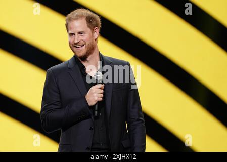 File photo dated 16/09/23 of the Duke of Sussex speaking during the closing ceremony of the Invictus Games in Dusseldorf, Germany. The Duke of Sussex has thanked the Invictus Games Foundation's chief executive for his dedication, leadership and 'relentless service' as the charity's boss announced he was stepping down after a decade in the role. Issue date: Friday July 19, 2024. Stock Photo