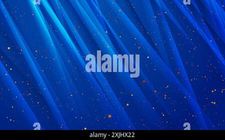 Deep blue glossy striped abstract background with golden particles. Vector design Stock Vector