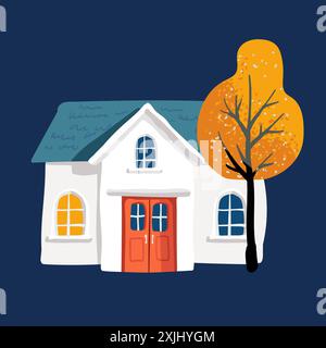 Cartoon house with a tiled roof in a simple minimalist style, yellow leaves on the tree. Night. Postcard and poster. Packaging paper and textiles Stock Vector