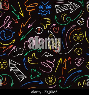 Colorful Seamless pattern Doodle lines, arrows, circles and curves vector, kawaii emoji. Peech balloon, speech bubble. Hand drawn illustration for wal Stock Vector