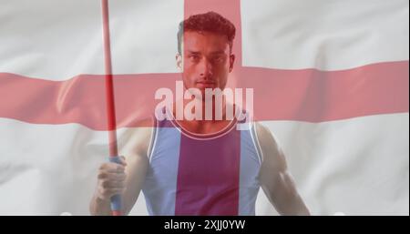 Image of flag of england over caucasian male javelin thrower Stock Photo