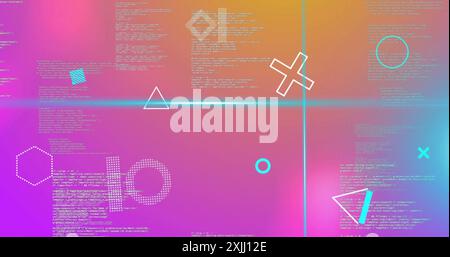 Image of shapes and blue scanner beams over data processing on soft pink and orange background Stock Photo