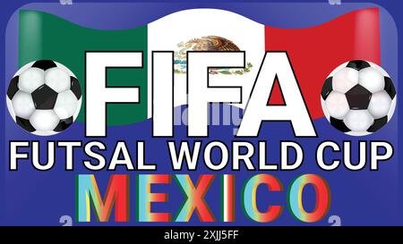 FIFA Futsal World Cup Mexico Flag and Two Soccer Balls with Blue Background Stock Vector