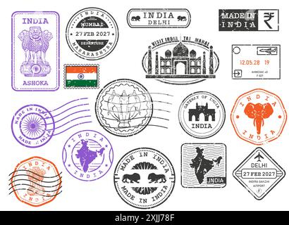 India travel stamps set, postage stamps with symbols and cities of of Republic of India, vector Stock Vector