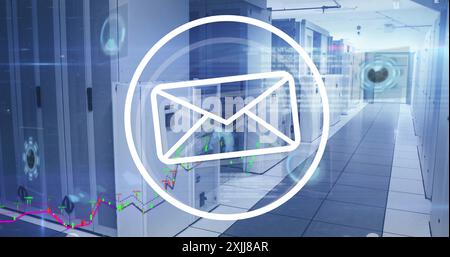 Image of envelope email icon over processing data and computer server room. Digital interface, data, network, connection and communication, digitally Stock Photo