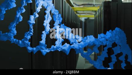 Image of blue textured dna strand rotating over computer server room Stock Photo