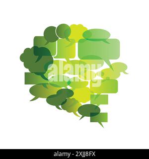 Big Speech Bubble Made From Small Bubbles - Design Template with Layered Round Boxes of Shades of Green Colors Isolated on White Background - Illustra Stock Vector