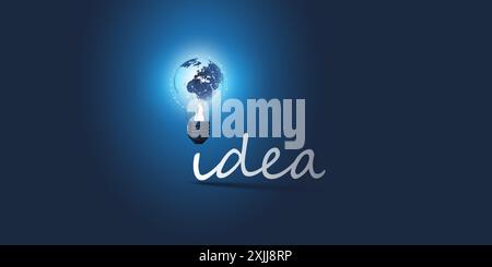 Idea - Dark Blue Design Concept with Earth Globe Inside of a Lightbulb and Handwritten Label - Template with Copy Space Stock Vector
