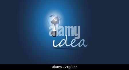 Idea - Dark Blue Design Concept with Earth Globe Inside of a Lightbulb and Handwritten Label - Template with Copy Space Stock Vector