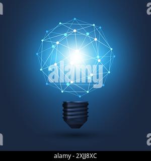 Abstract Electric and Global Network Connections Concept Design with a Glowing Blue Light Bulb and Transparent Geometric Polygonal Mesh - Illustration Stock Vector