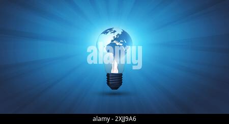 Blue Eco Light Bulb, Green Ideas Concept Design Template with Copy Space - Earth Globe, World Inside a Glowing Light Bulb and Rays of Light - Modern S Stock Vector