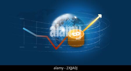 Success in Crypto Currency Investment - Bit Coin Rate Concept with Stats Diagram, Flowing Binary Data Around Earth Globe - Futuristic Dark Blue Design Stock Vector