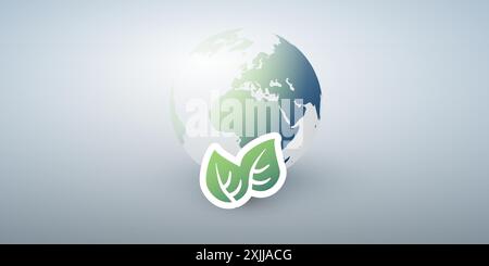 Blue Global Eco World Concept, Graphic Design Layout - Green Leaves and Earth Globe, Vector Template on Wide Scale Gradient Background Stock Vector