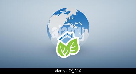 Eco House, Smart Homes, Global Envronmental Protection Concept Design - Pictogram, Symbol, House Icon With Leaves and Earth Globe on Blue Gradient Bac Stock Vector