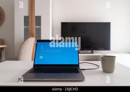 Marbella, Spain - 19 July 2024 IT outage hits worldwide media, blue screen of death on the laptop  Stock Photo