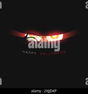 Happy Halloween Card Template - Creepy Face with Glowing Looking Red Evil Eyes and Silhouette of a Scary Spider in the Dark - Vector Illustration with Stock Vector