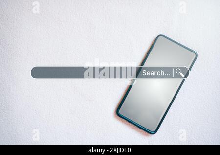Searching information data on internet networking concept. Search browser VR interface. Smartphone displaying online browser. Stock Photo