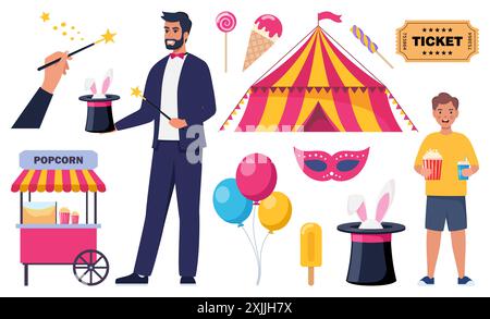 Magician demonstrating trick and taking rabbit out of top hat. Circus tent, ticket, mask, balloons, happy kid with popcorn. Set of elements on circus Stock Vector