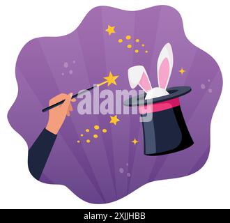 Magic hat with bunny ears. Magician hat with rabbit. Circus show, abracadabra wand in magicians hand. Magic rabbit in hat, bunny trick. Vector illustr Stock Vector