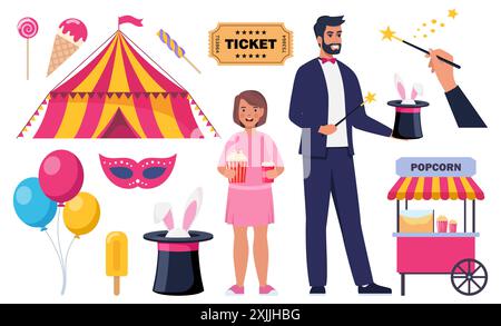 Magician demonstrating trick and taking rabbit out of top hat. Circus tent, ticket, mask, balloons, happy kid with popcorn. Set of elements on circus Stock Vector