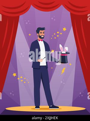 Illusionist, magician demonstrating trick and taking rabbit out of top ...